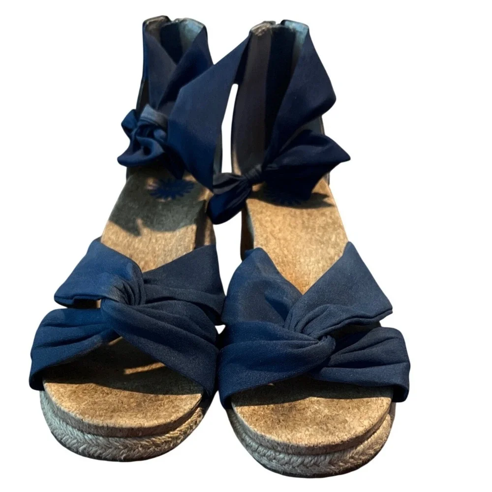 UGG Trina Navy Blue Espadrille Wedge Sandals Womens 8.5 Ankle Tie Coastal Summer